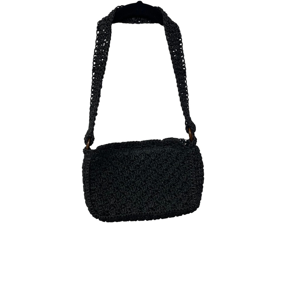 American Eagle Black Crochet Straw Shoulder Bag‎ Purse Wood Ring Boho One Size